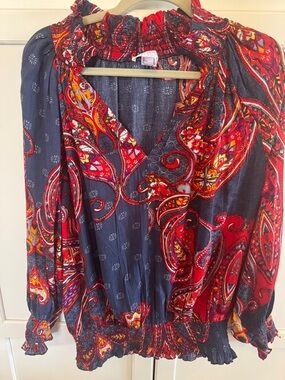 Women’s Boho Paisley V-Neck Blouse - Red & Navy
